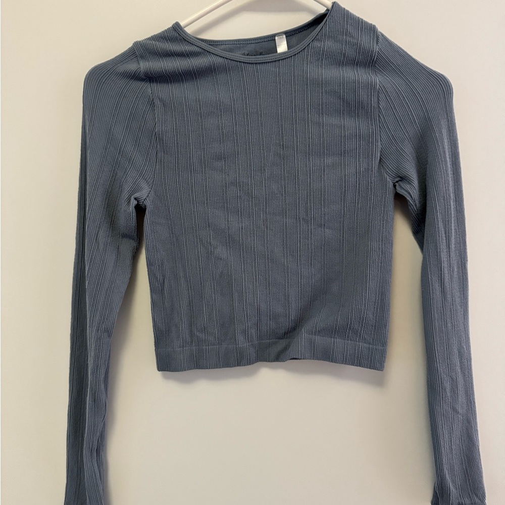 Active Basic Ribbed Long Sleeve Light Blue Crop Top